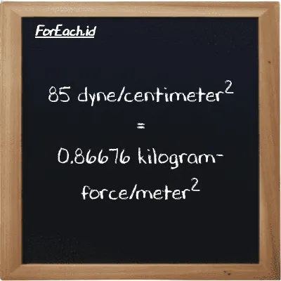 85 dyne/centimeter<sup>2</sup> is equivalent to 0.86676 kilogram-force/meter<sup>2</sup> (85 dyn/cm<sup>2</sup> is equivalent to 0.86676 kgf/m<sup>2</sup>)